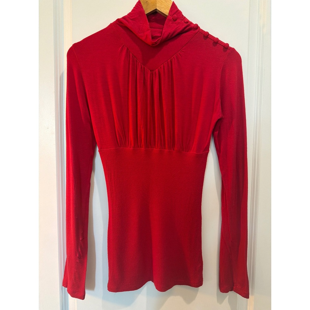 Derek Heart Womens Red Ribbed Turtleneck Top Button Shoulder Long Sleeve Medium